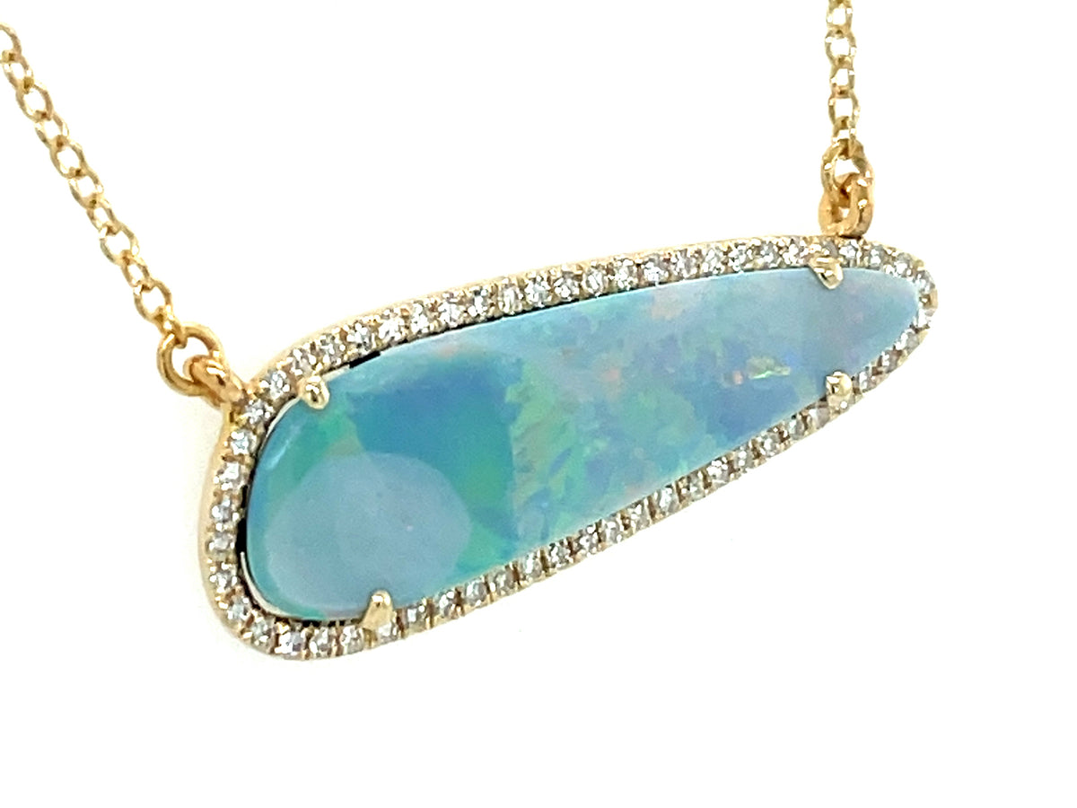 BLACK OPAL DOUBLET & DIAMOND WEST EAST NECKLACE, 18"/17"/16", 14KY (ASBL)