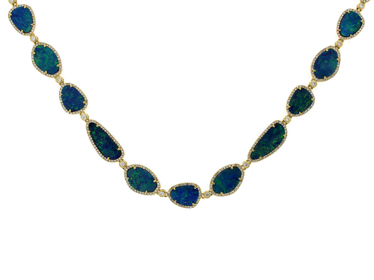 BLACK OPAL DOUBLET & DIAMOND NECKLACE, 18KY (ASBL)
