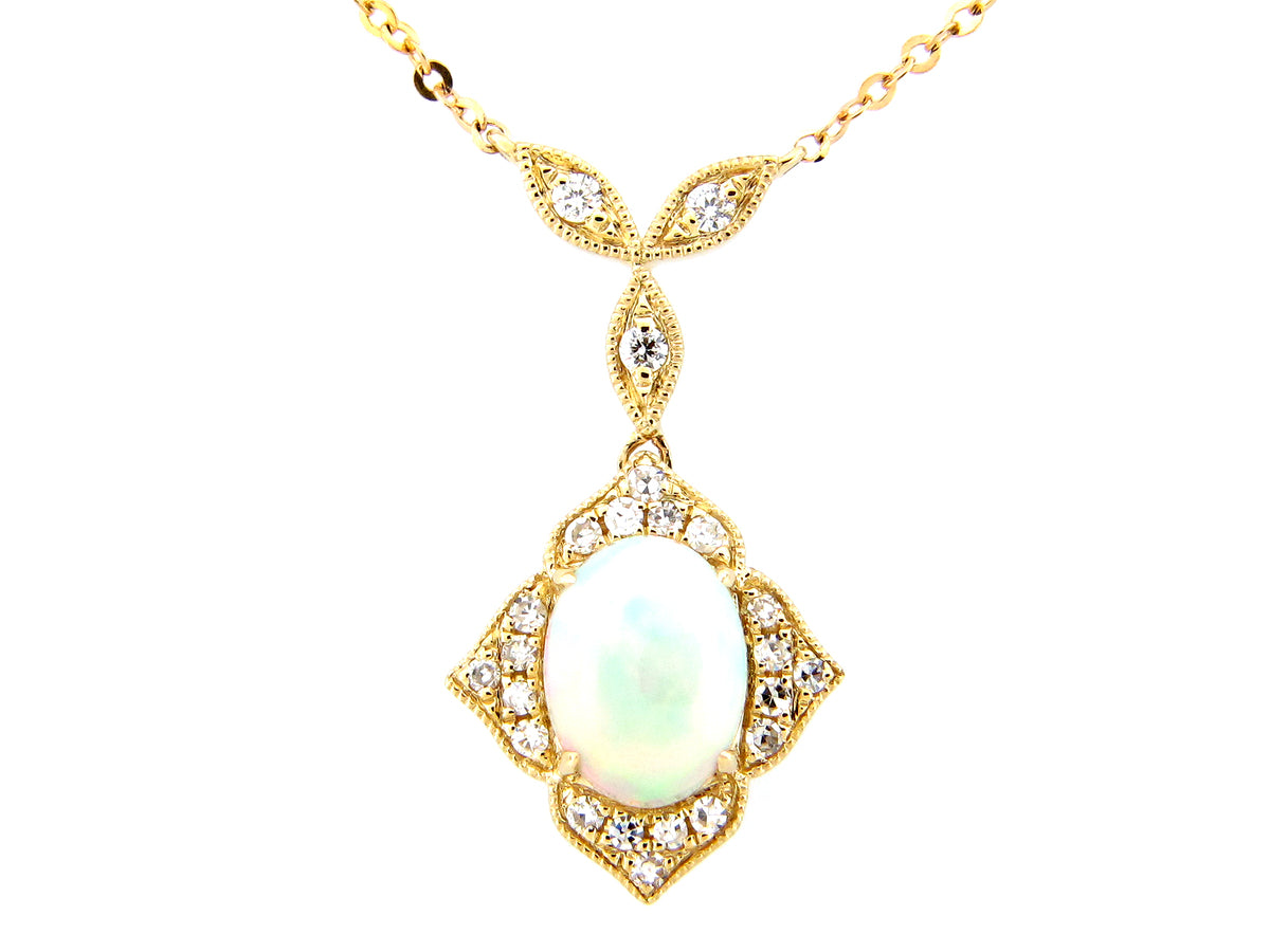 OPAL OVAL & DIAMOND HALO ART DECO NECKLACE