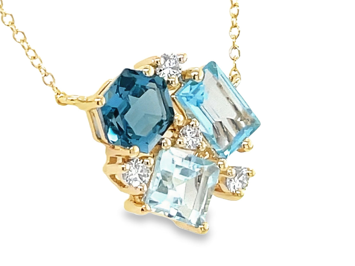 BLUE TOPAZ CLUSTER & DIAMOND NECKLACE, 18"/17"/16"