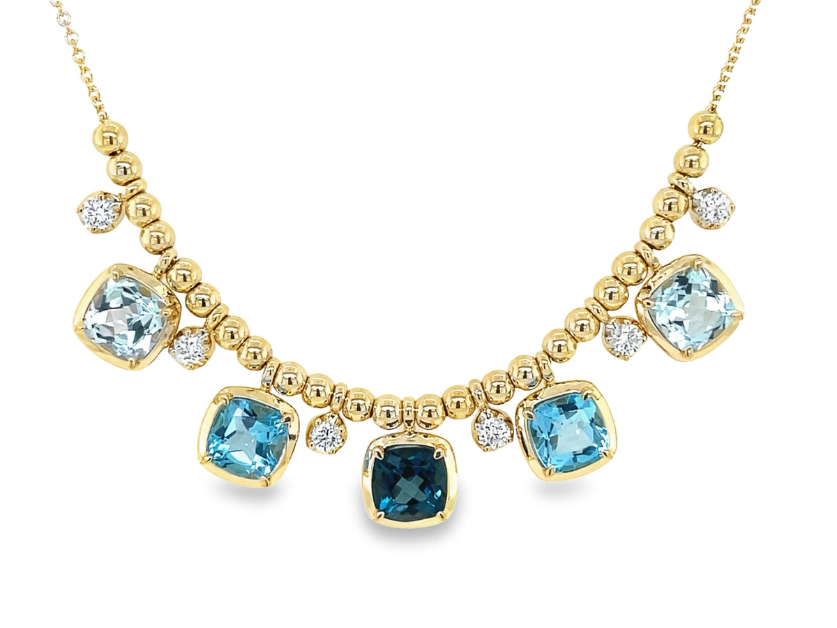 BLUE TOPAZ CUSHION & DIAMOND BEADED NECKLACE, 18"/17"/16"'