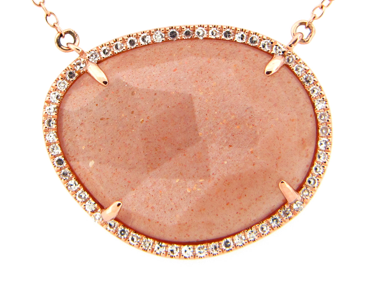 ROSE CUT ORANGE MOONSTONE & DIAMOND PENDANT NECKLACE, 18"/17"/16",14KR (N)