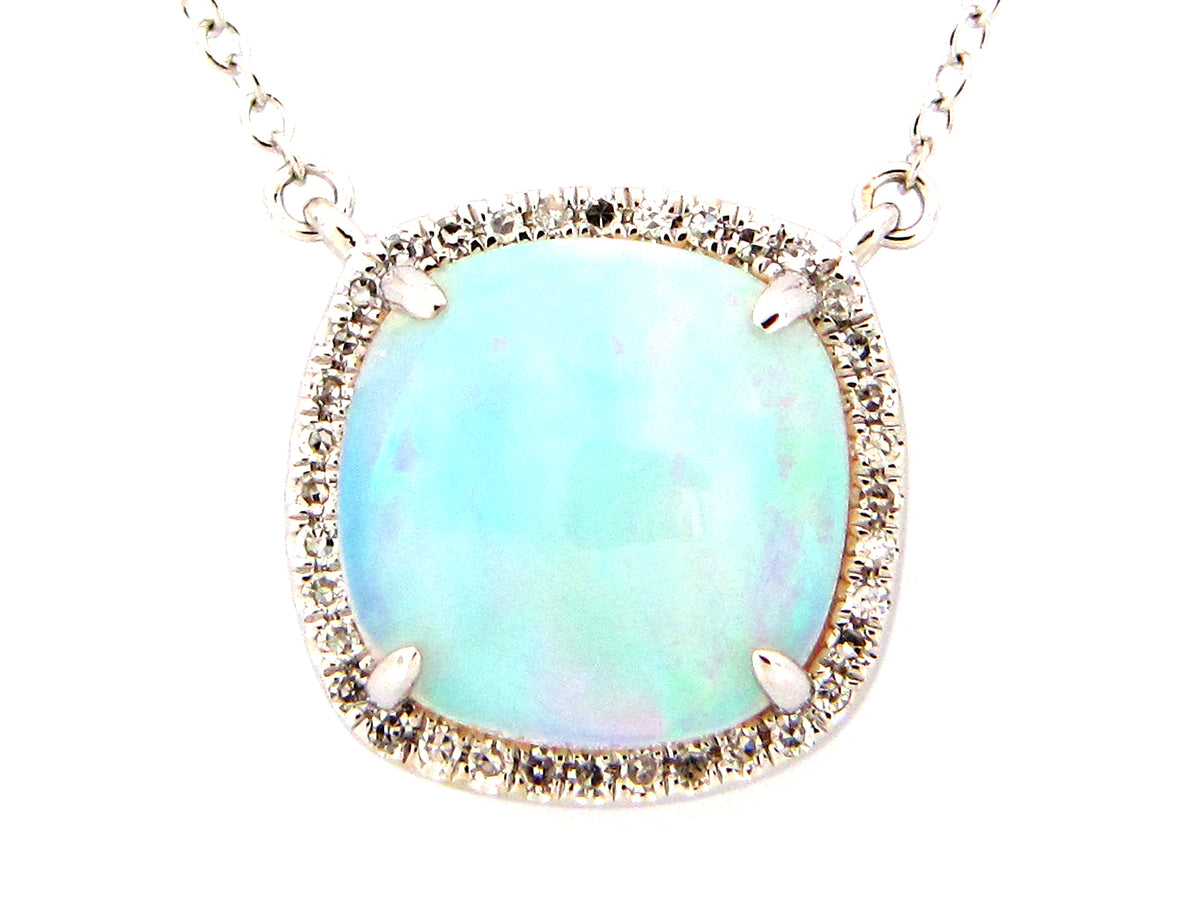 OPAL & DIAMOND HALO CUSHION PENDANT NECKLACE, 18"/17"/16', 14KW (O)