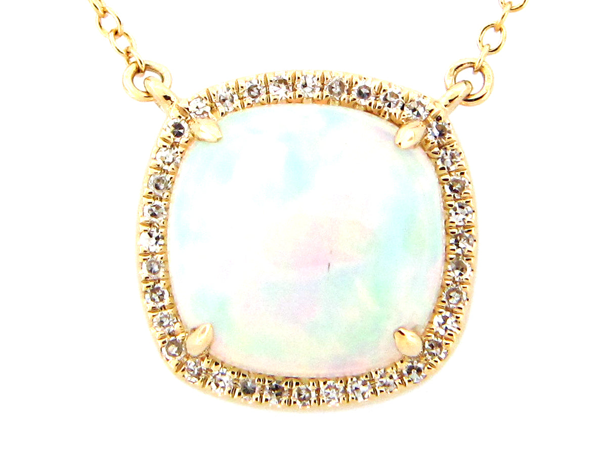 OPAL & DIAMOND HALO CUSHION PENDANT NECKLACE, 18"/17"/16', 14KY (O)