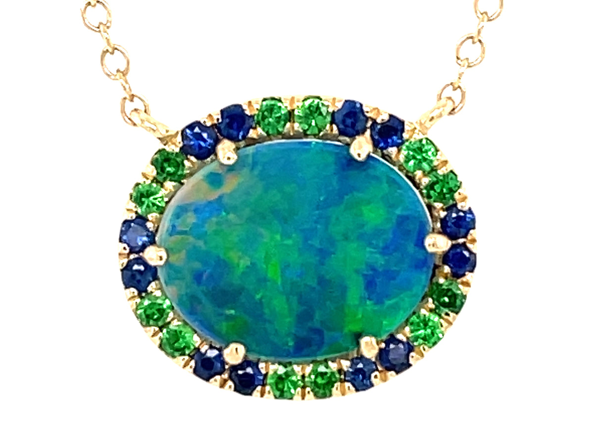 BLACK OPAL DOUBLET, SAPPHIRE & TSAVORITE PENDANT NECKLACE, 18",16"