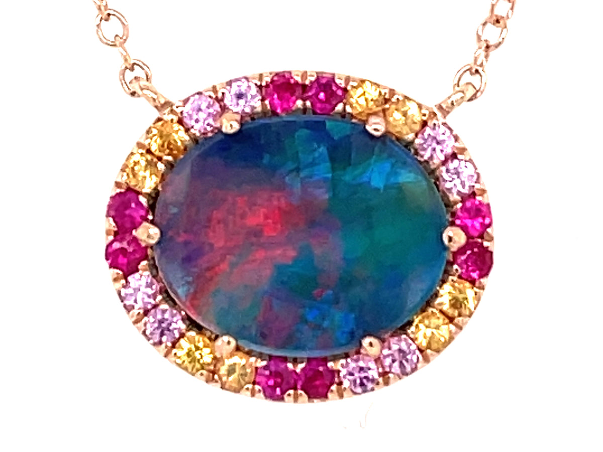 BLACK OPAL DOUBLET, RUBY & PINK SAPPHIRE PENDANT NECKLACE