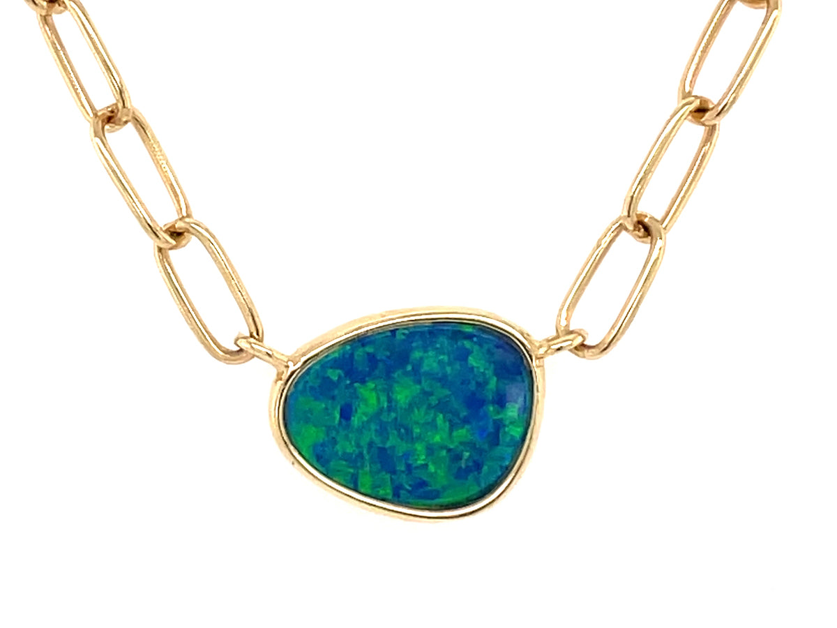 BLACK OPAL DOUBLET BEZEL PENDANT NECKLACE, 18" PAPERCLIP CHAIN