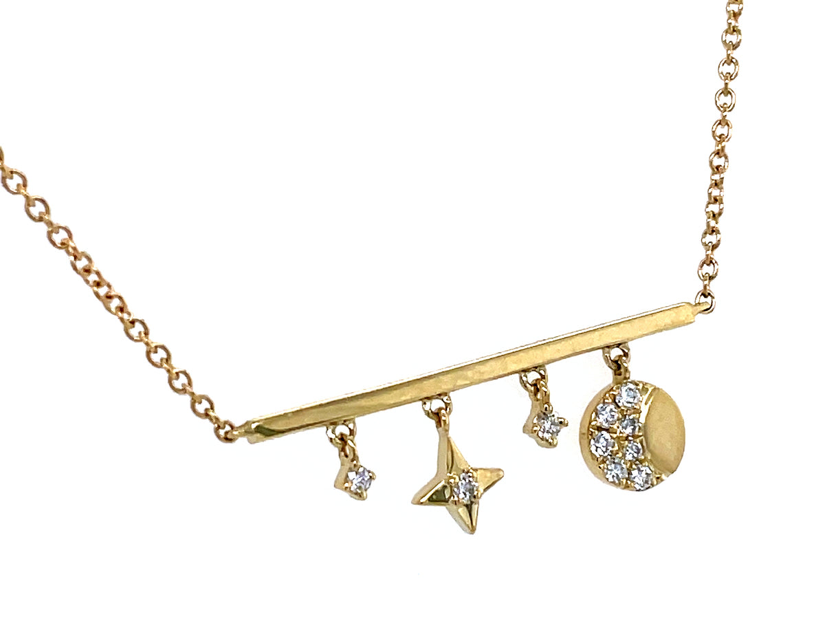 DIAMOND STAR & MOON CHARM BAR NECKLACE, 18"/17"16"