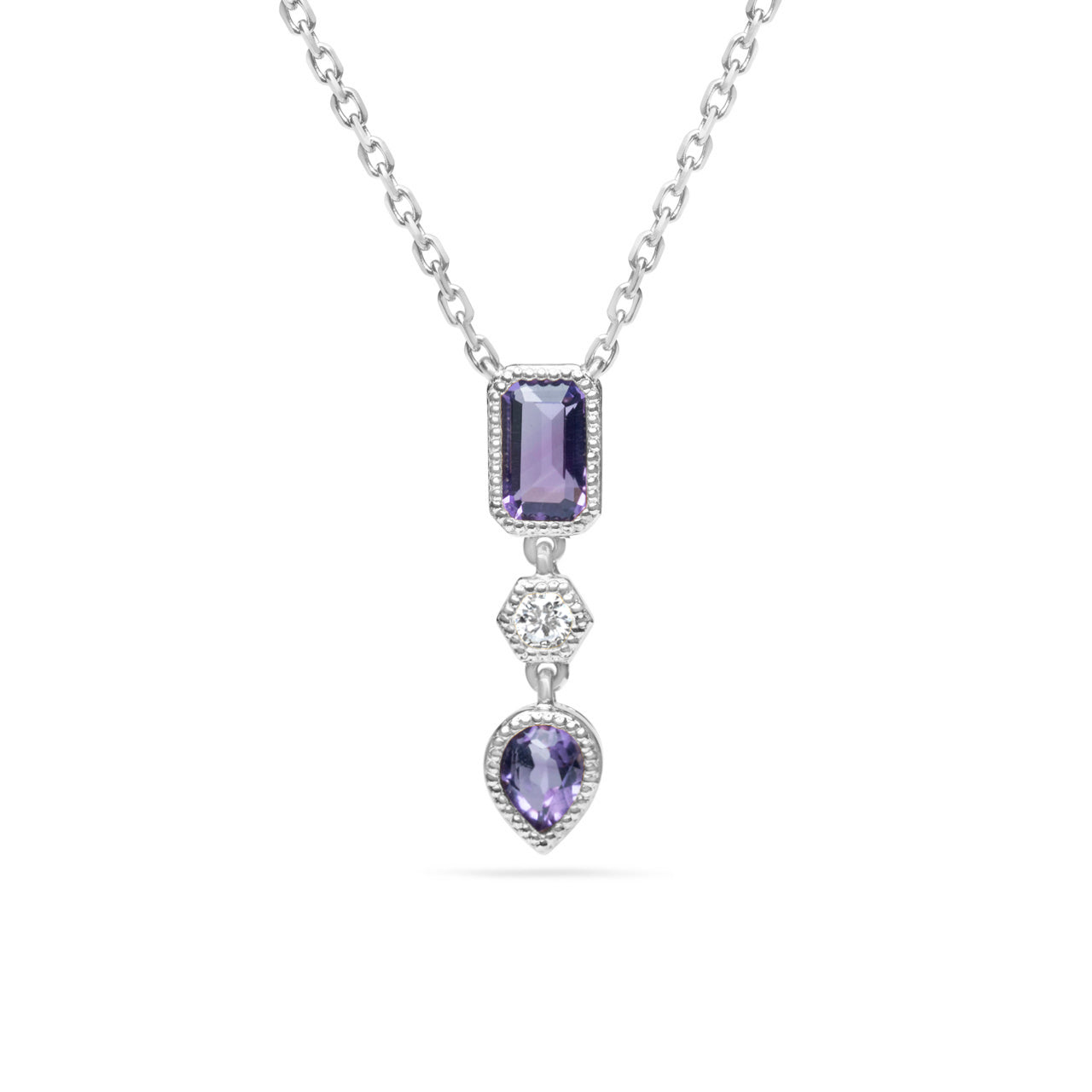 Amethyst & Diamond 3 Stone Necklace