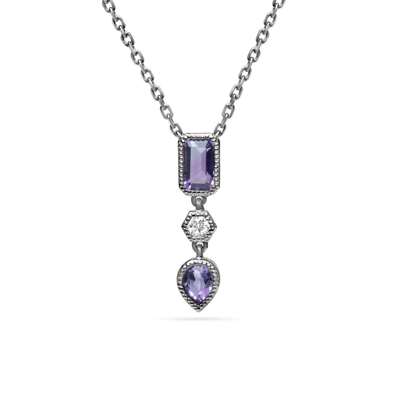 Amethyst & Diamond 3 Stone Necklace