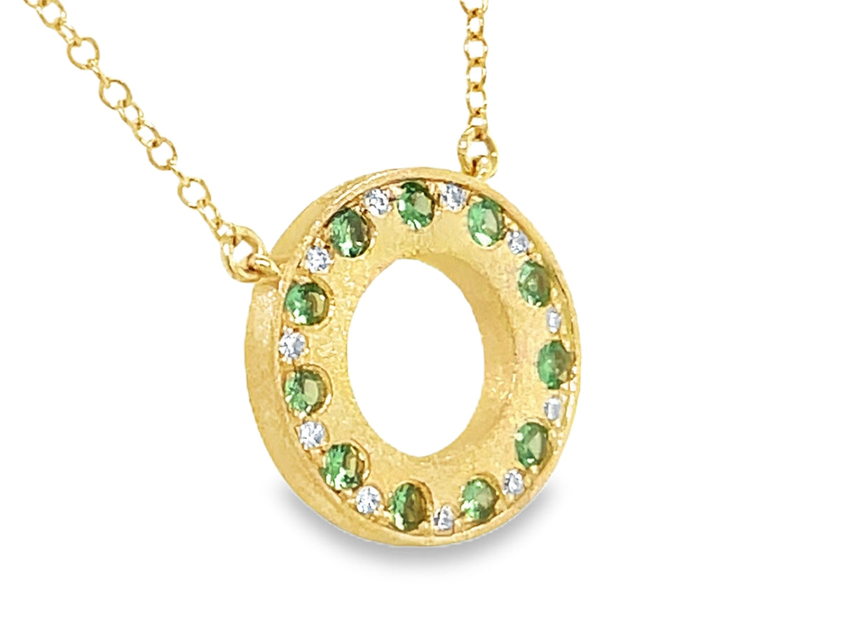 TSAVORITE & DIAMOND OFFSET ALTERNATING CIRCLE PENDANT NECKLACE, 13MM, SATIN FINISH, 18"/17"/16", 14KY (N)