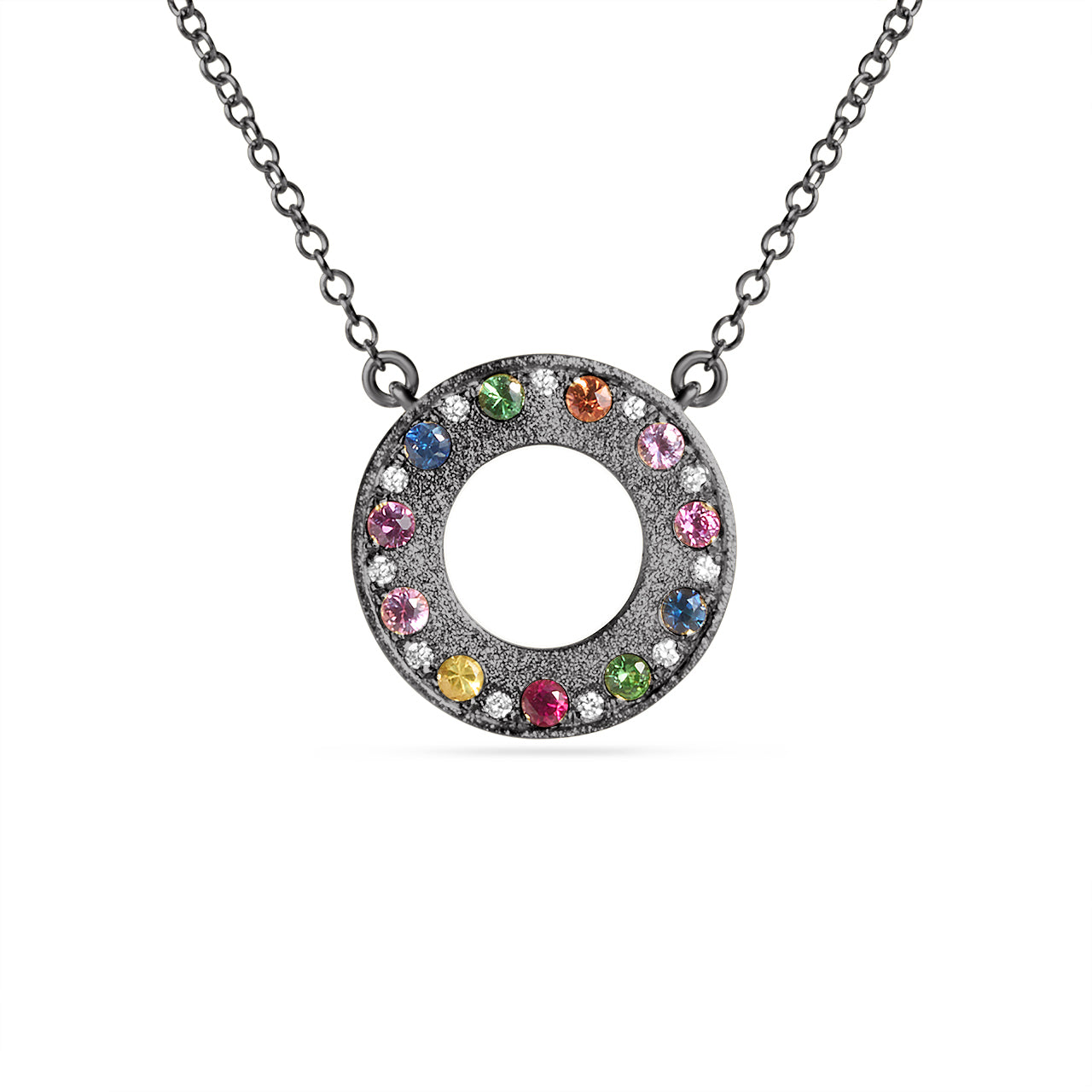 Rainbow Sapphire & Diamond Alternating Flush Circle Necklace