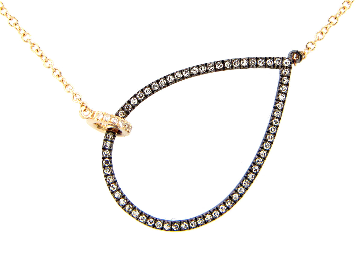 DIAMOND PEAR PENDANT NECKLACE, ADJUSTABLE TO 20", 14KY CENTER DIAMONDS BLACK FINISH
