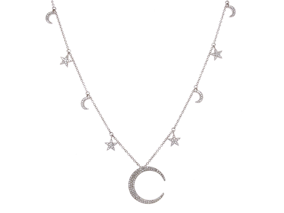 DIAMOND CRESCENT MOON AND STARS 16" NECKLACE