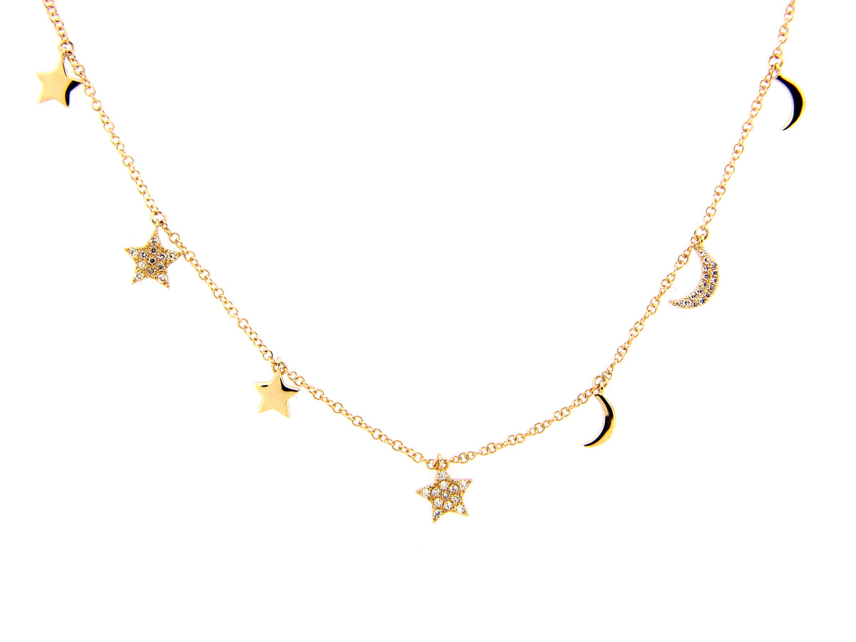 DIAMOND STARS & CRESCENT MOONS CHARM NECKLACE, 22"/21"/20" , 14KY (N)