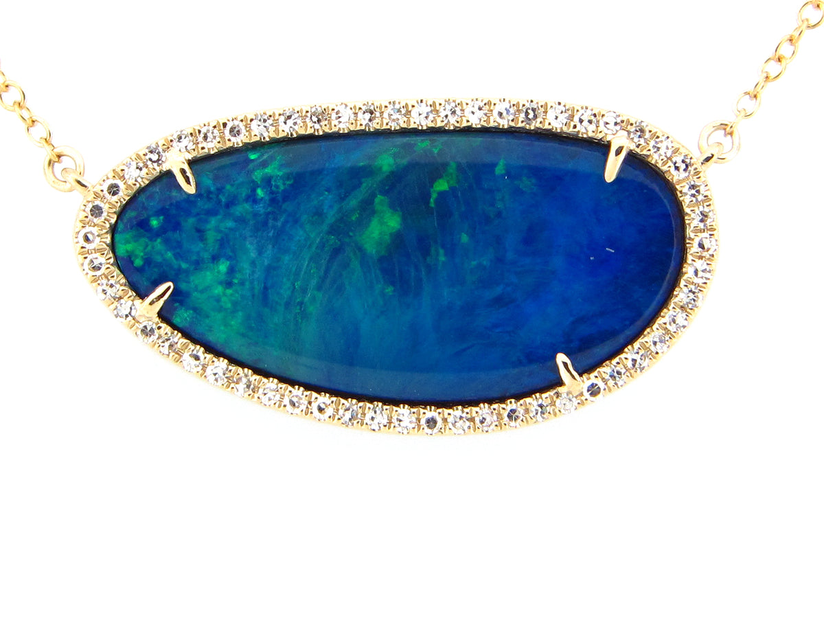 BLACK OPAL DOUBLET & DIAMOND PENDANT NECKLACE, 18"/17"/16", 14KY (ASBL)