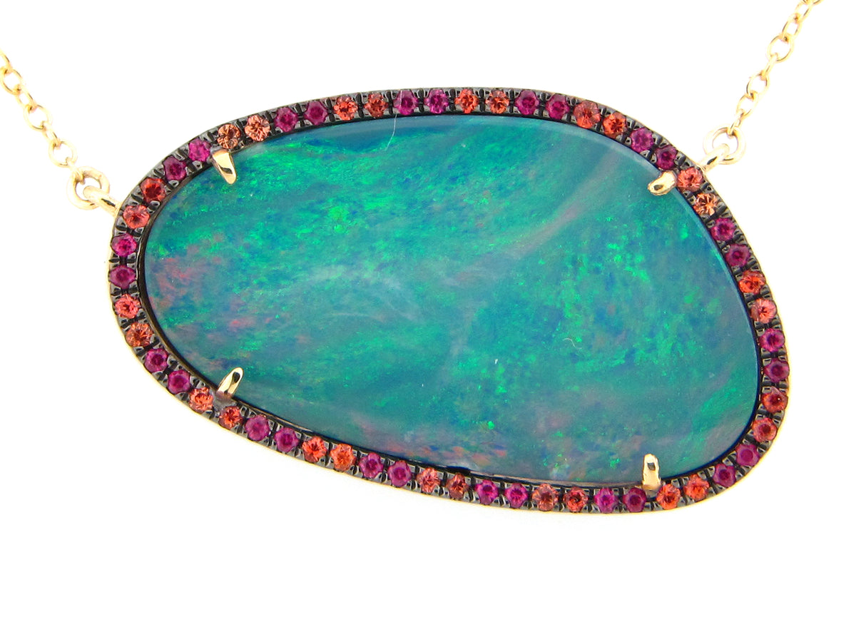 BLK OPAL DOUBLET,ORANGE SAPPH,RUBY PENDANT NECKLACE,18"/17"/16",14KY(ASBL/U/H)