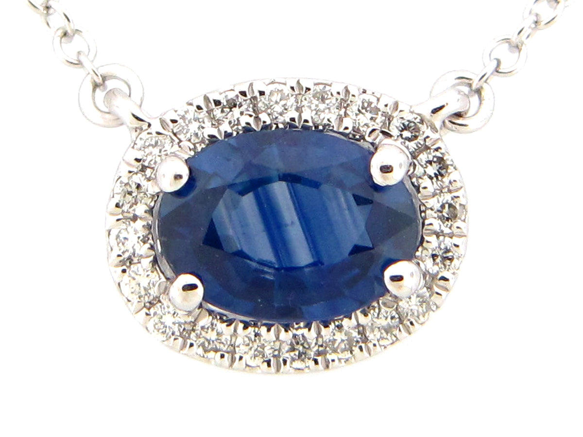 SAPPHIRE & DIAMOND PENDANT NECKLACE, 18"/17"/16", 14KW (H)