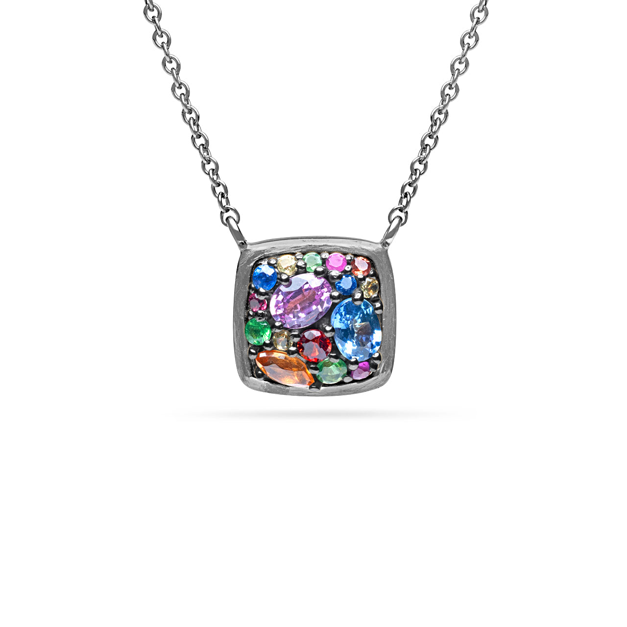 Rainbow Sapphire Cluster Cushion Necklace