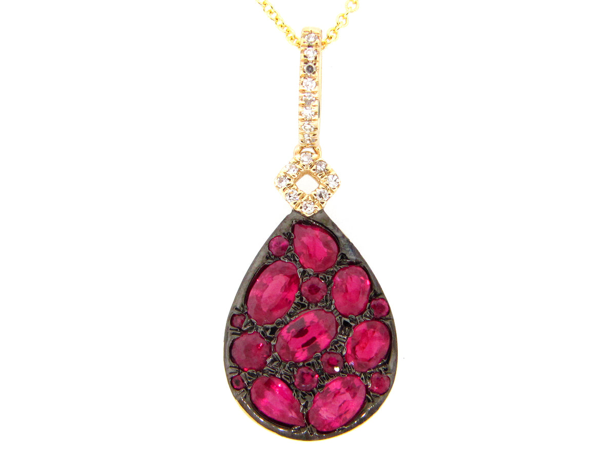 RUBY & DIAMOND PEAR CLUSTER PENDANT, 14KY (H)