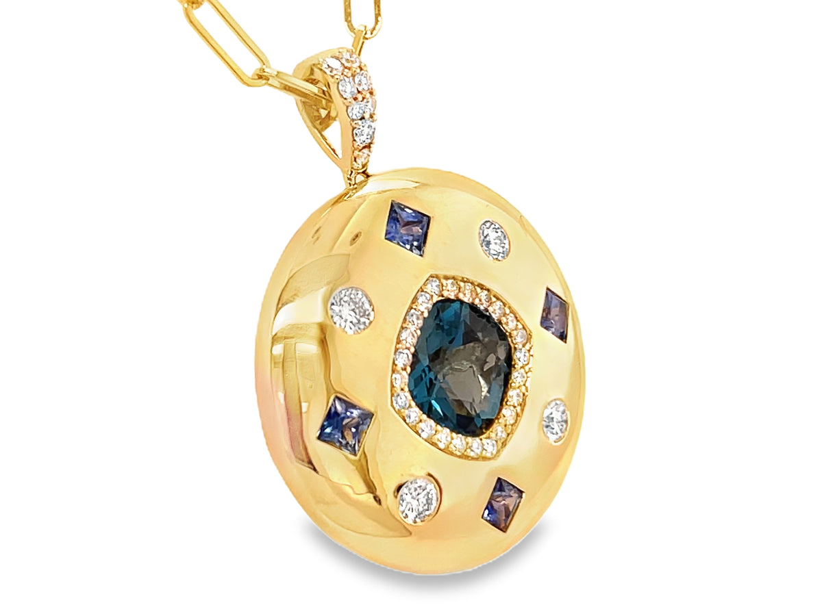 BLUE TOPAZ, SAPPHIRE & DIAMOND PENDANT, 22MM, 18" PAPERCLIP CHAIN