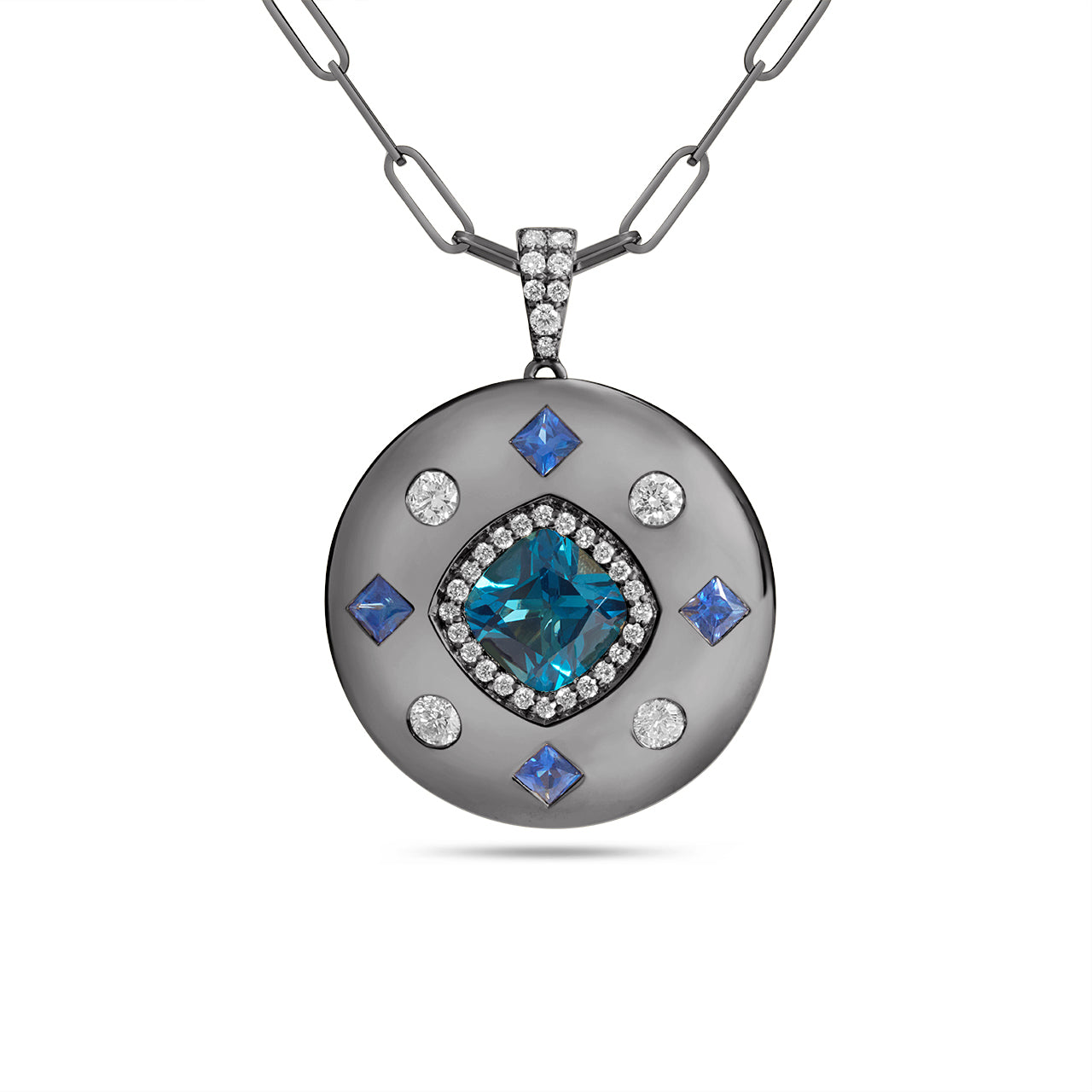Blue Topaz, Sapphire & Diamond Royal Medallion Necklace