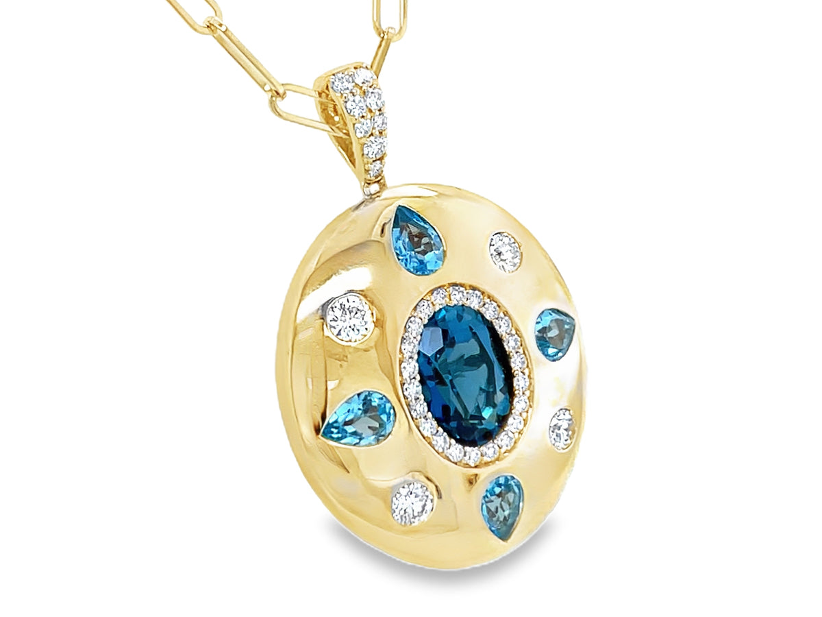 BLUE TOPAZ & DIAMOND PENDANT, 22X19MM, 18" PAPERCLIP CHAIN
