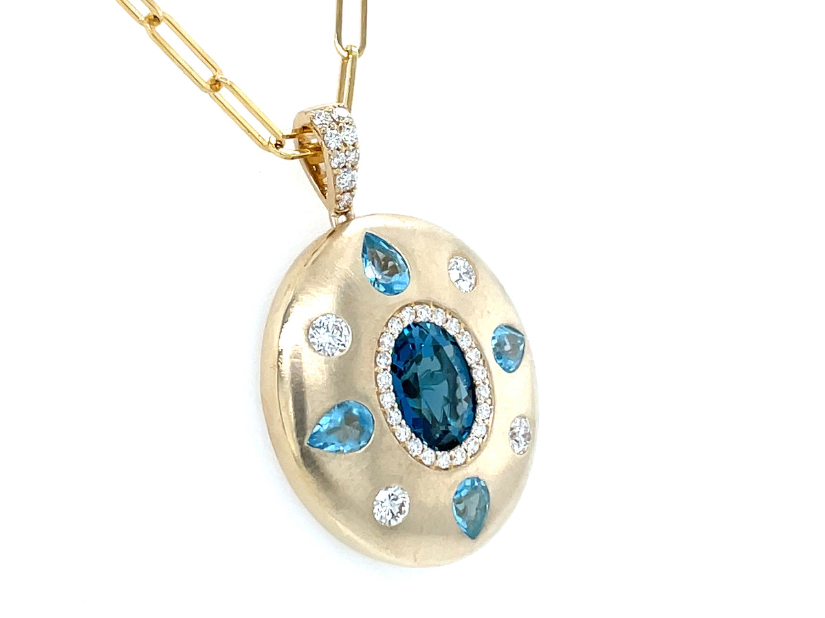 BLUE TOPAZ & DIAMOND PENDANT, 22X19MM, 18" PAPERCLIP CHAIN, 14KY SATIN FINISH