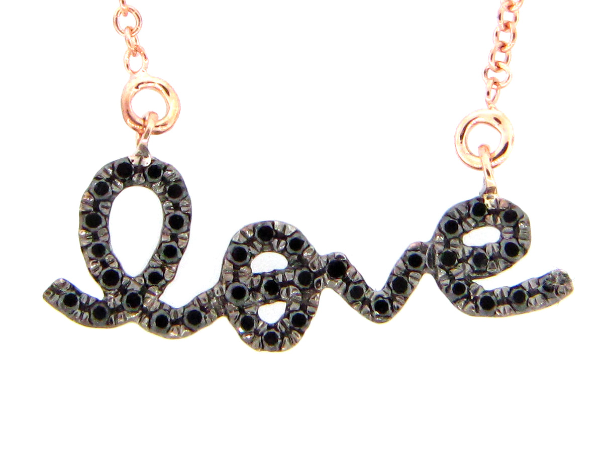 BLACK DIAMOND LOVE PENDANT, 14K BLACK FINISH / ROSE CHAIN (R)
