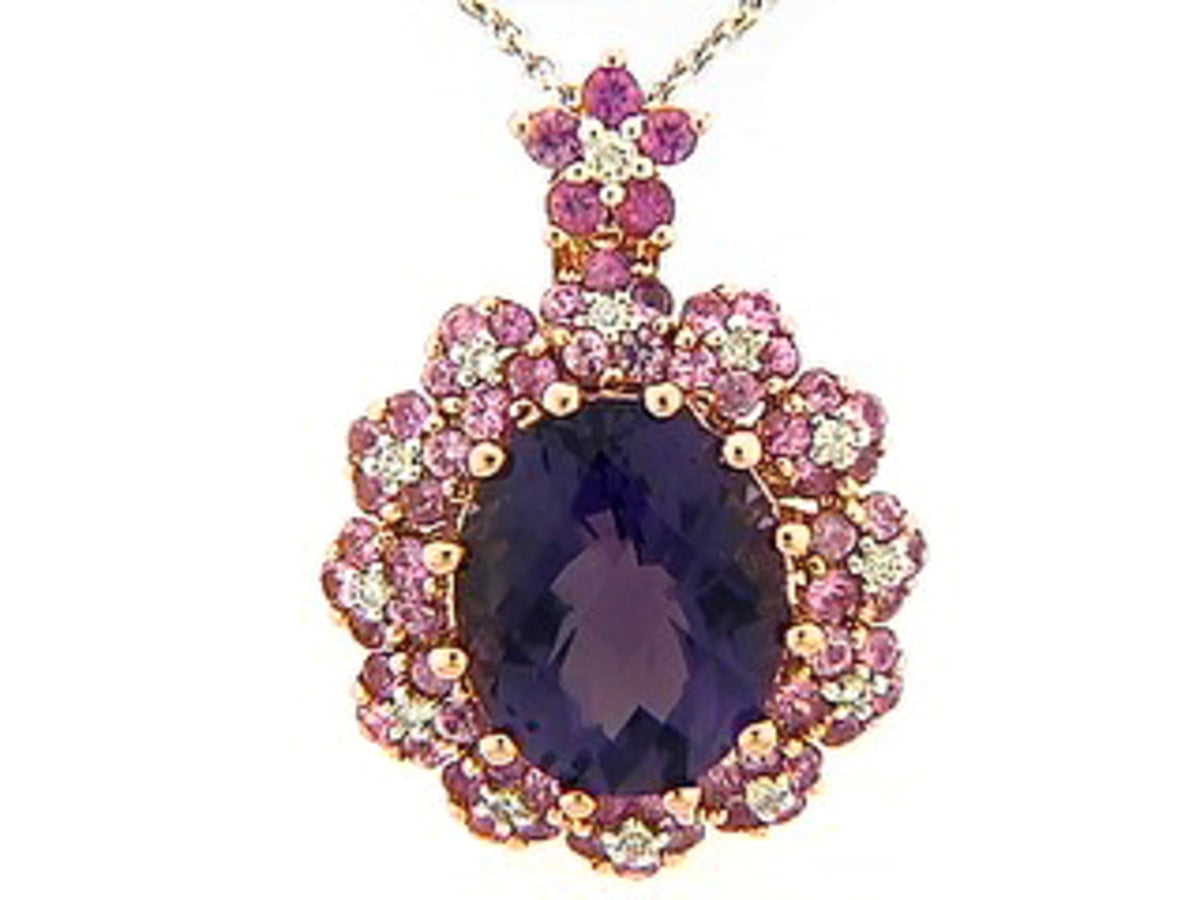 CHB AMETHYST, PINK SAPPHIRE & DIAMOND PENDANT, 18KR (H)