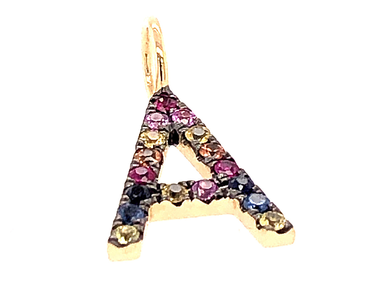 RAINBOW SAPPHIRE LETTER A PENDANT, NO CHAIN, 14KY, BLACK RHODIUM PRONGS (H/U)