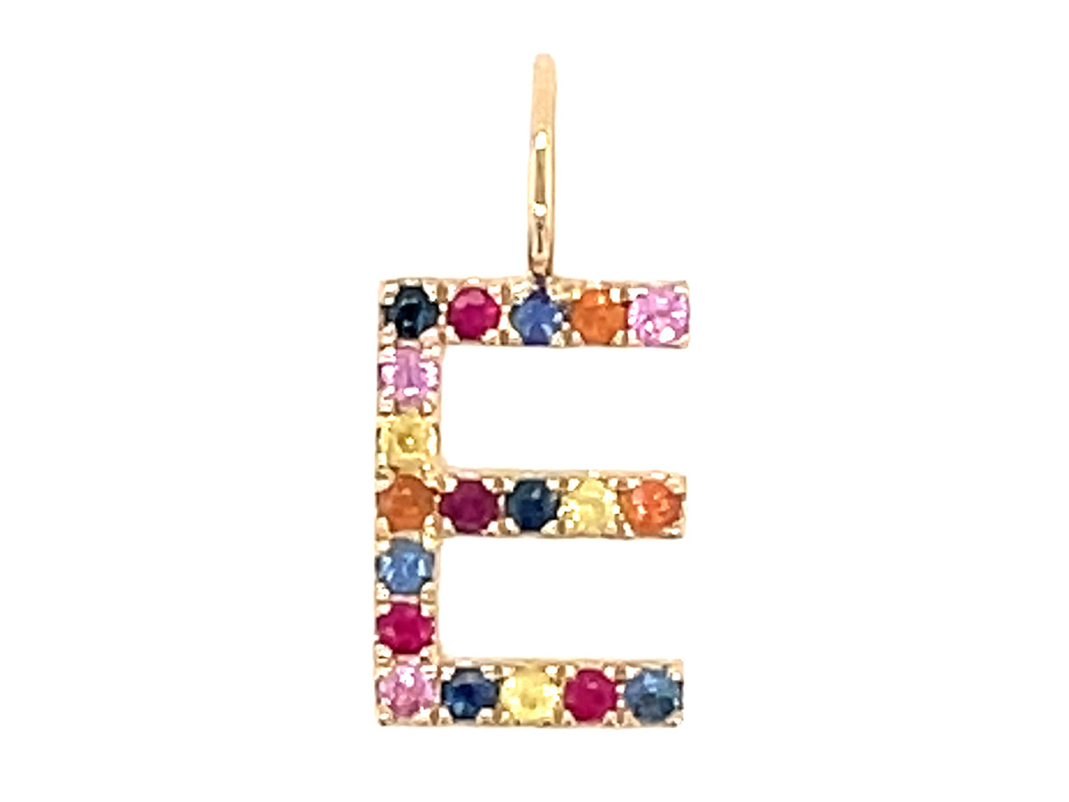 RAINBOW SAPPHIRE LETTER E PENDANT, NO CHAIN, 14KY (H/U)