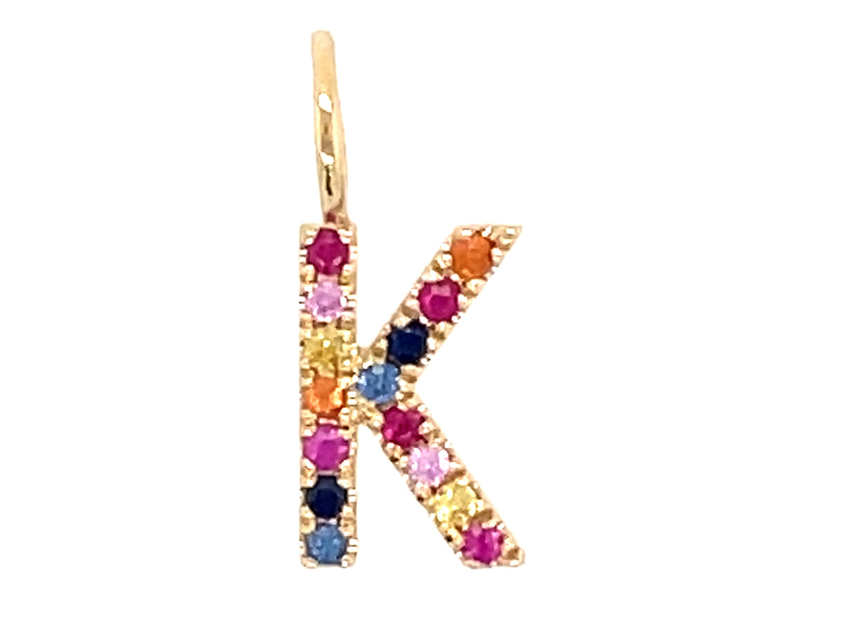 RAINBOW SAPPHIRE LETTER K PENDANT, NO CHAIN, 14KY (H/U)