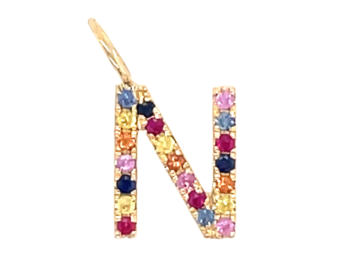 RAINBOW SAPPHIRE LETTER N PENDANT, NO CHAIN, 14KY (H/U)