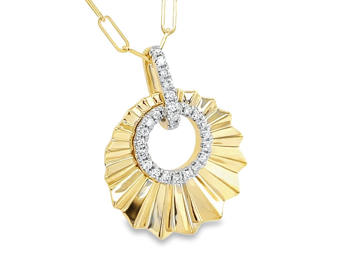 DIAMOND CIRLCE PLEATED PENDANT, 15MM, 18" PAPERCLIP CHAIN