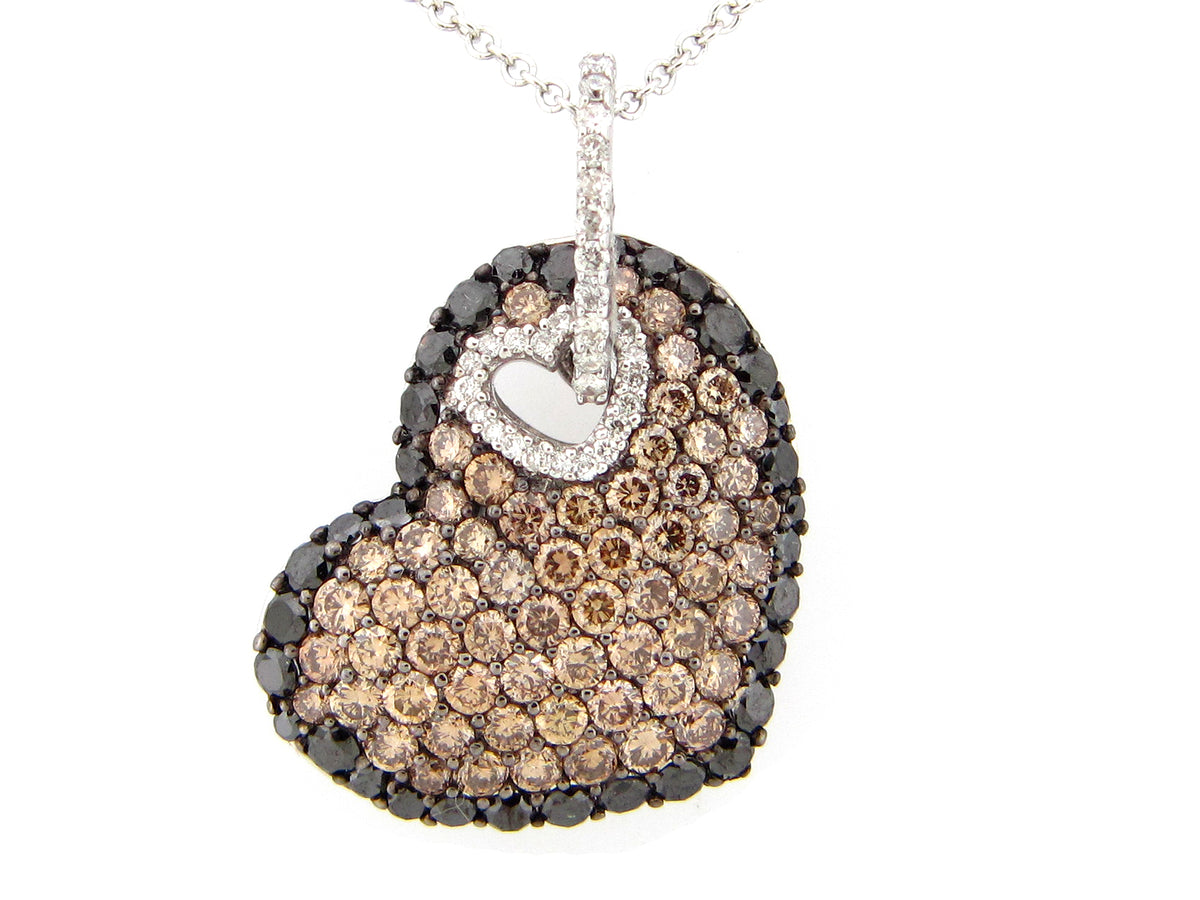 BLACK, BROWN & DIAMOND HEART PENDANT, 14KW (R/N)