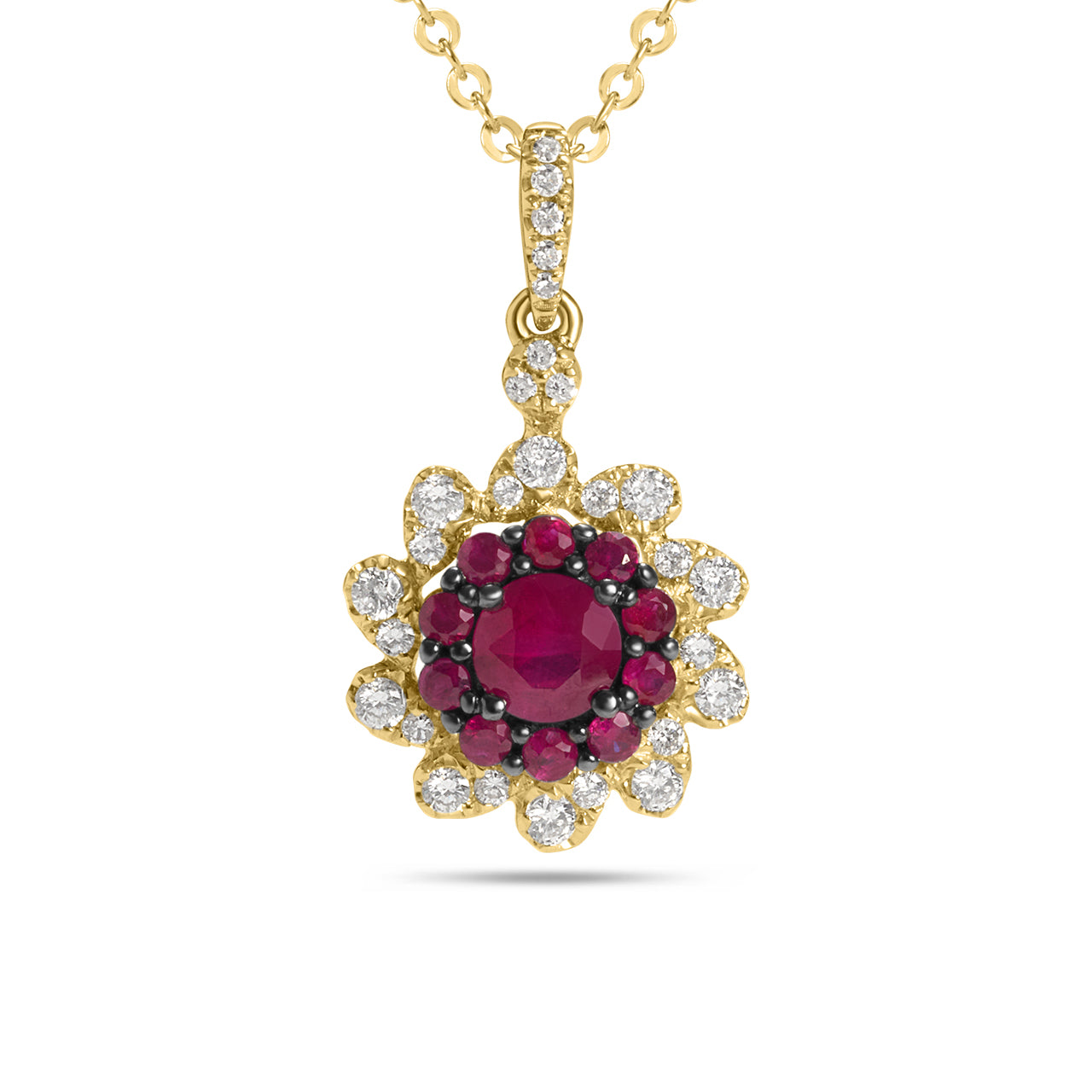 Ruby & Diamond Halo Cluster Necklace