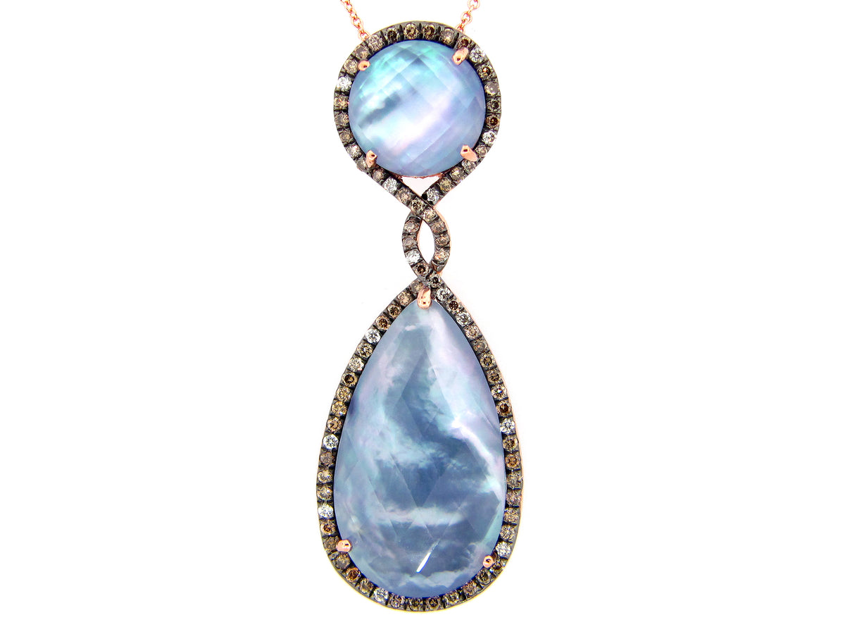QUARTZ, SHELL & LAPIS TRIPLET, BROWN & WHITE DIAMOND PENDANT, 14KR (ASBL/N)