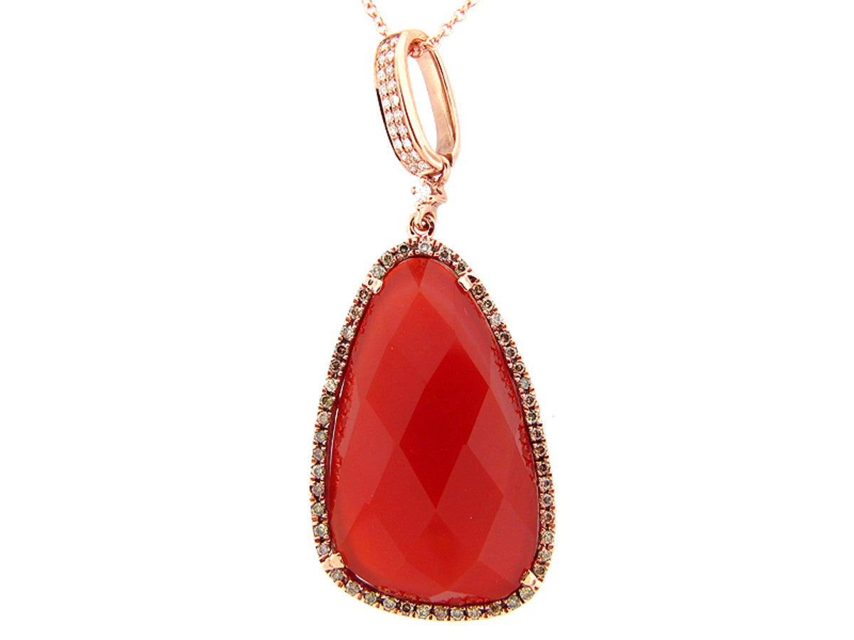 RED ORANGE AGATE, BROWN & WHITE DIAMOND PENDANT, 14KR (D/N)
