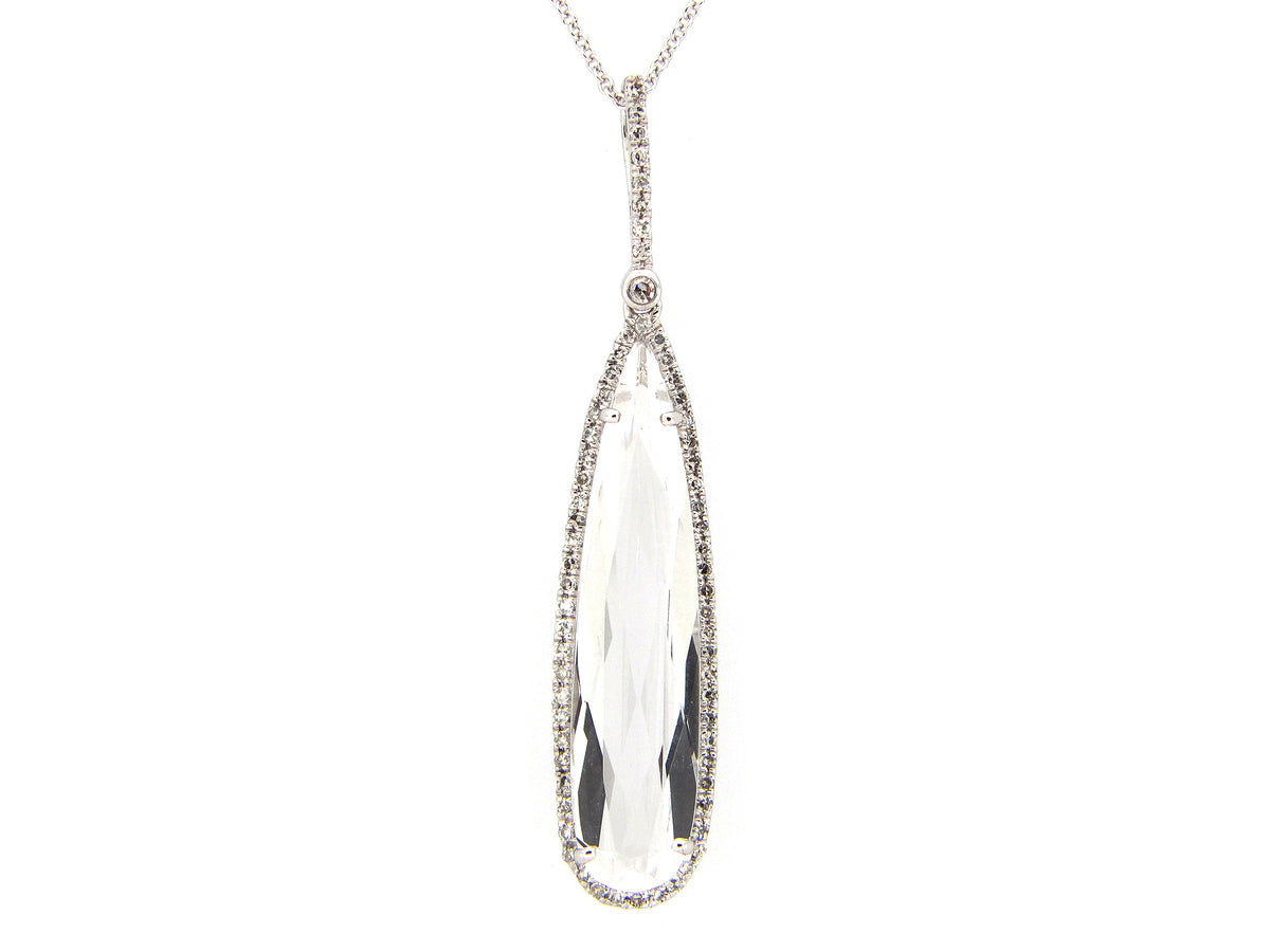 WHITE QUARTZ & DIAMOND PENDANT, 14KW (H)