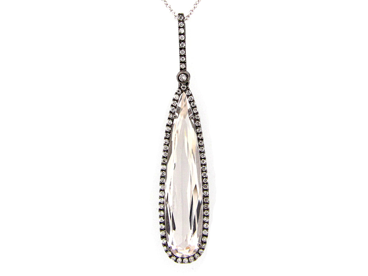 WHITE QUARTZ & WHITE DIAMOND PENDANT, BLACK FINISH, 14KW (H)