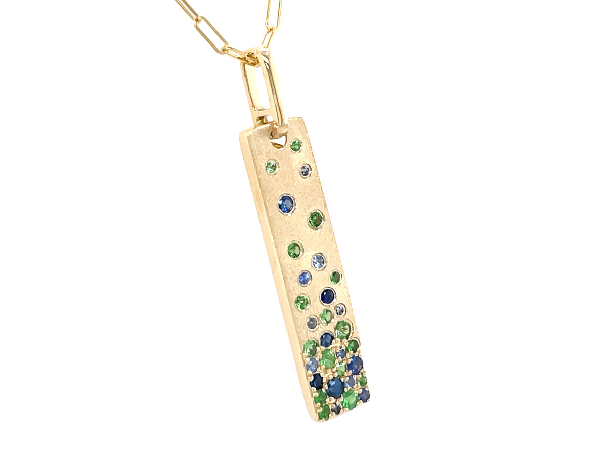 BLUE SAPPHIRE (H) & TSAVORITE (N) FLUSH SET VERTICAL PENDANT, 30X7MM, 18" PAPERCLIP CHAIN, SATIN FINISH, 14KY