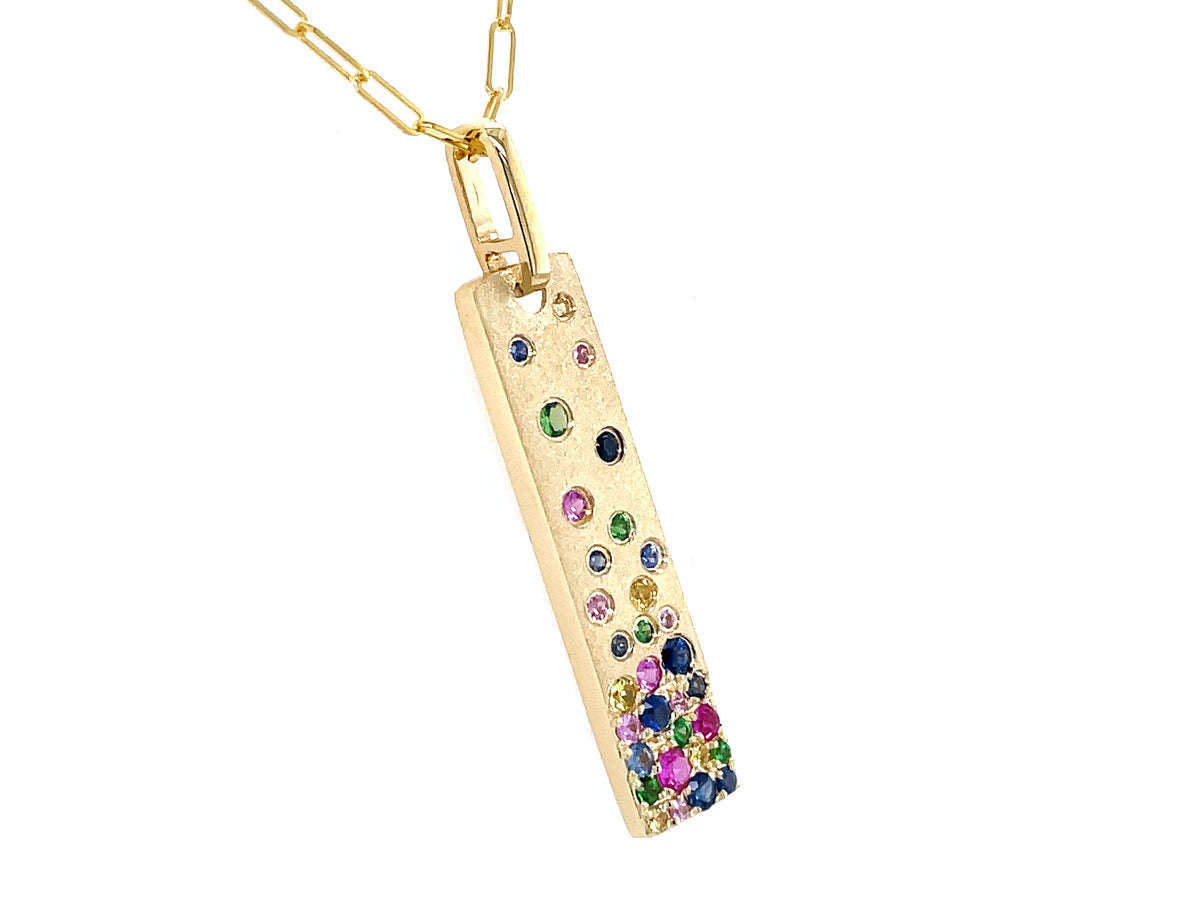 RAINBOW SAPPHIRE (H) & TSAVORITE (N) FLUSH SET VERTICAL BAR PENDANT, 30X7MM, 18" PAPERCLIP CHAIN, SATIN FINISH, 14KY