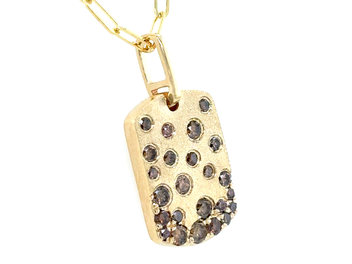 Brown White Diamond Confetti Dogtag Pendant, 10x14mm, 18" Paperclip Chain, Satin Finish
