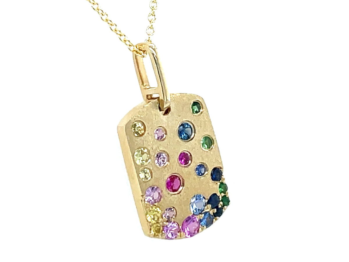 Rainbow Sapphire (H) Tsavorite (N) Confetti Dogtag Pendant, 10x14mm, 18"/16" Chain, Satin Finish