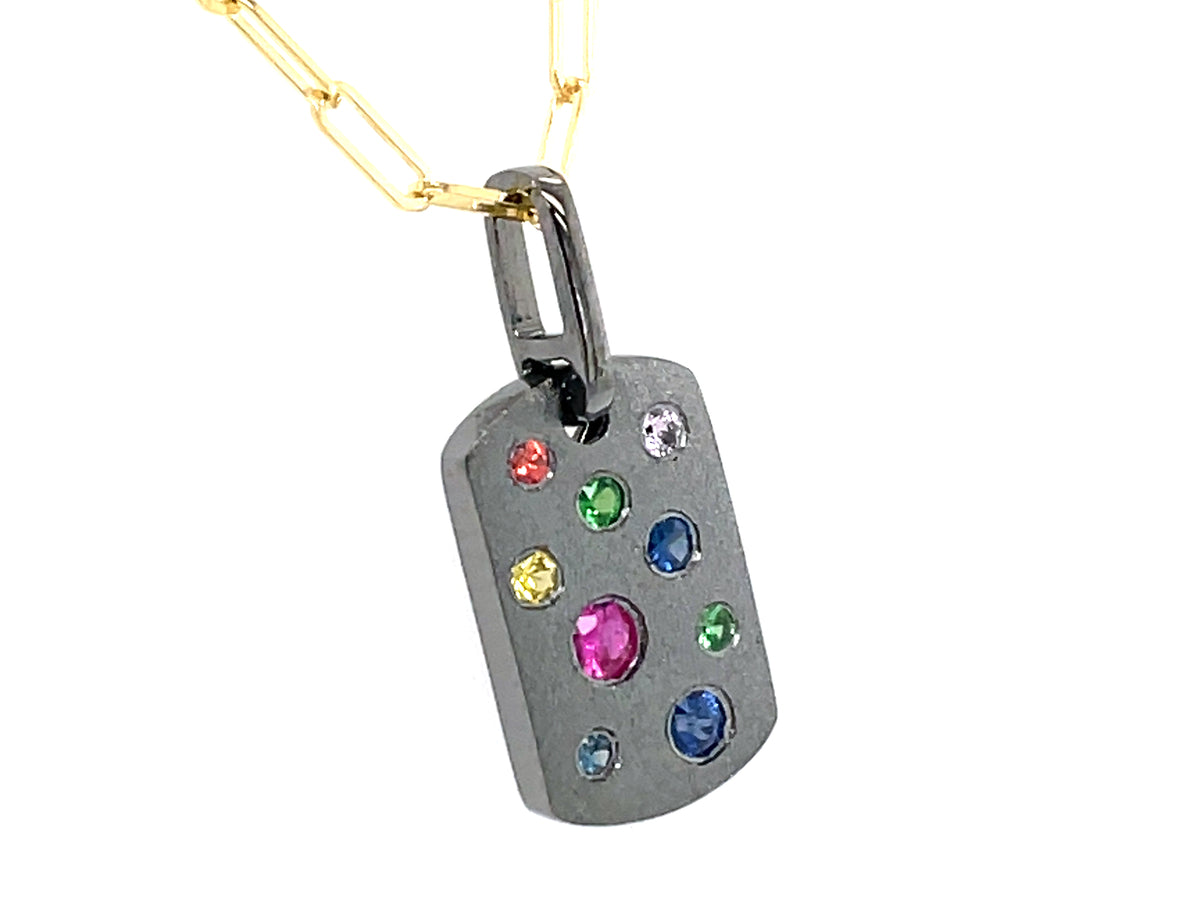 RAINBOW SAPPHIRE, TSAVORITE & RUBY DOG TAG PENDANT, 18" PAPERCLIP CHAIN, SATIN FINISH