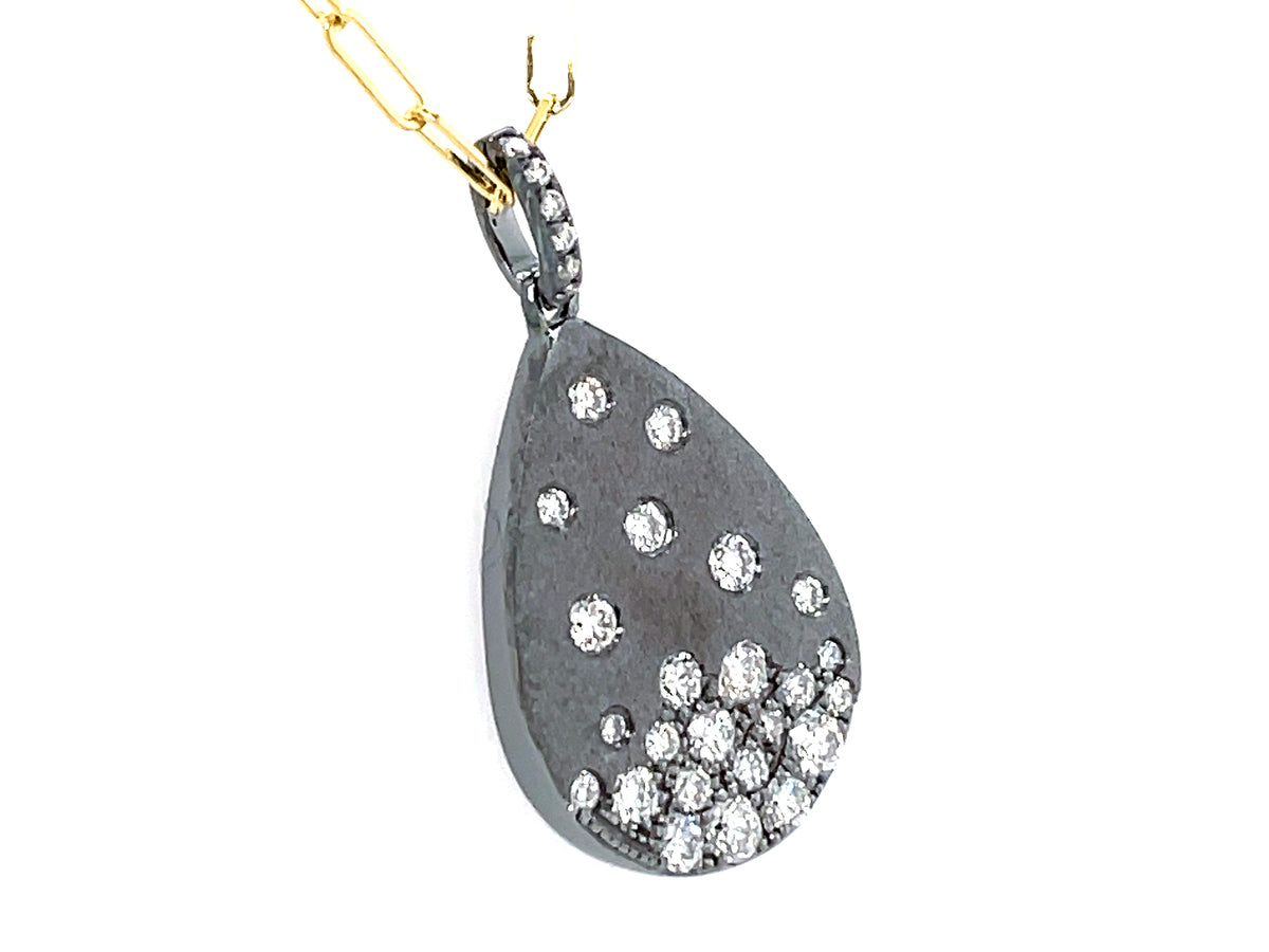 DIAMOND FLUSH SET PEAR PENDANT NECKLACE, 18" PAPERCLIP CHAIN 14KY, 14K BLACK SATIN FINISH (N)