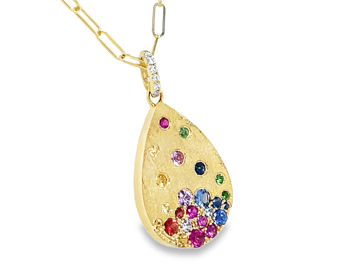 RAINBOW SAPPH, TSAV & DIA FLUSH SET PEAR PENDANT, 18" PAPER CLIP CHAIN , SATIN FINISH, 14KY (H/U/N)