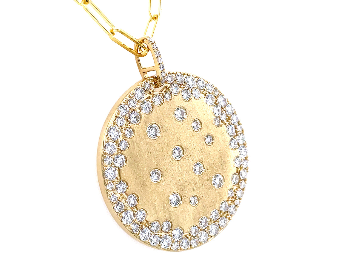 DIAMOND CONFETTI MEDALLION DISC PENDANT, 30MM, 18" PAPERCLIP CHAIN, 14KY
