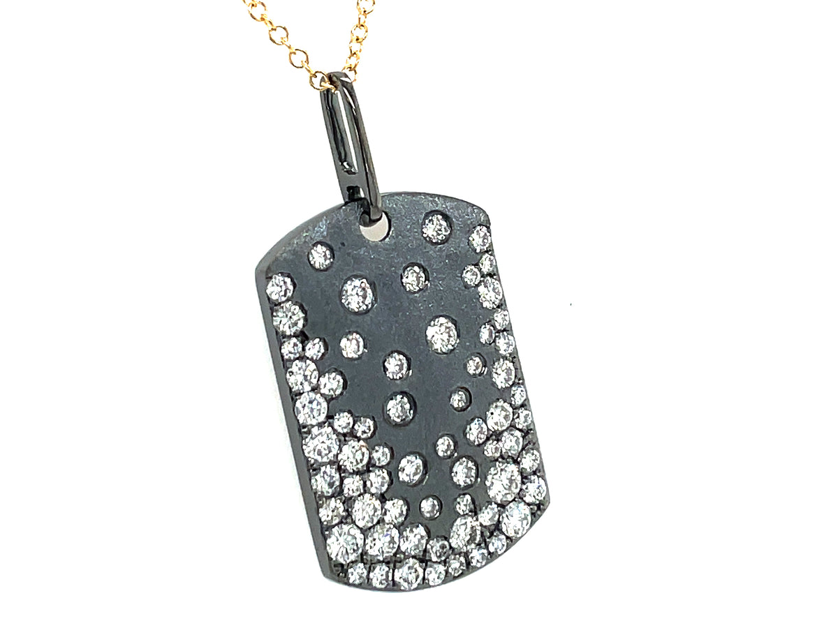 DIAMOND DOGTAG FLUSH SET PENDANT, 22X15MM, 18"/17"/16",SATIN FINISH, 18K BLACK FINISH/YELLOW CHAIN (N)